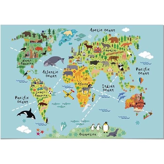 Poster Panorama pour chambre d'enfants Carte du Monde Animaux70x50 cm -  Imprimée sur Poster - Décoration Murale Enfant - Cdiscount