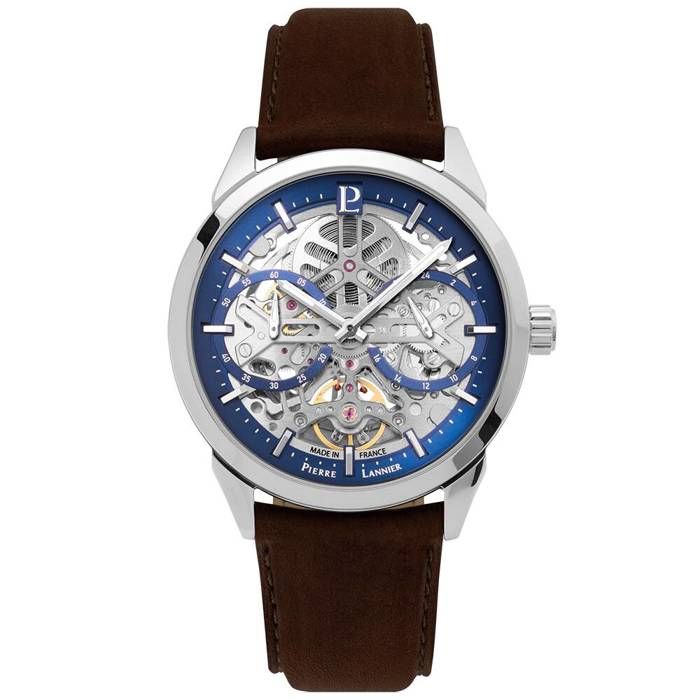 Automatique Homme MONARCK Argenté Cadran Soleillé Bleu Bracelet Cuir Brun 22M