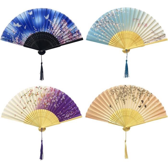 Lot De 4 éventails Pliants En Bambou Et Tissu – Style Ancien, Noir, Pour Femme