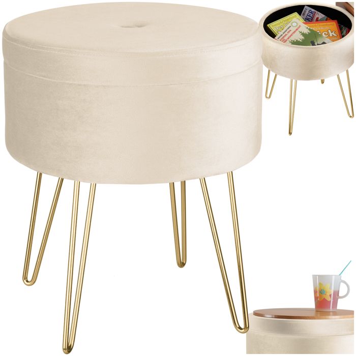 Tabouret - TECTAKE - Tabouret rond AVA avec coffre de rangement 105 L aspect velours rembourré Ø 37 5 x 44 5 cm - Crème