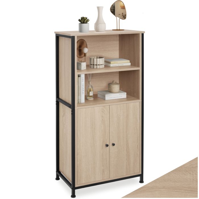 Buffet - TECTAKE - Buffet DONCASTER en acier et bois avec étagères et portes magnétiques 60 x 38 x 125 cm - Bois clair