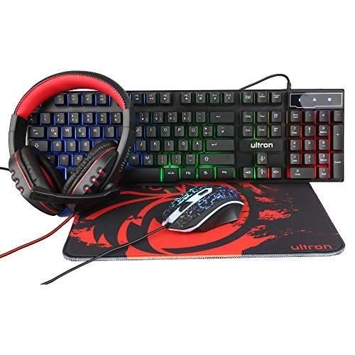 Kit de jeu - ULTRON - HAWK - Clavier QWERTZ rétroéclairé LED - Souris 3200 DPI - Casque audio binaural