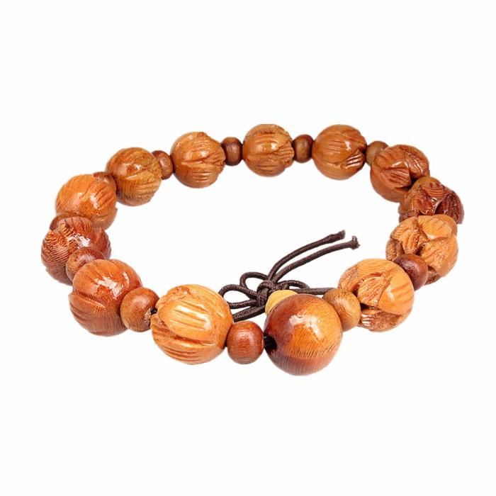 Bracelet En Bois Sculpté Tête De Bouddha - Grosses Perles - Style Bohème - Neuf