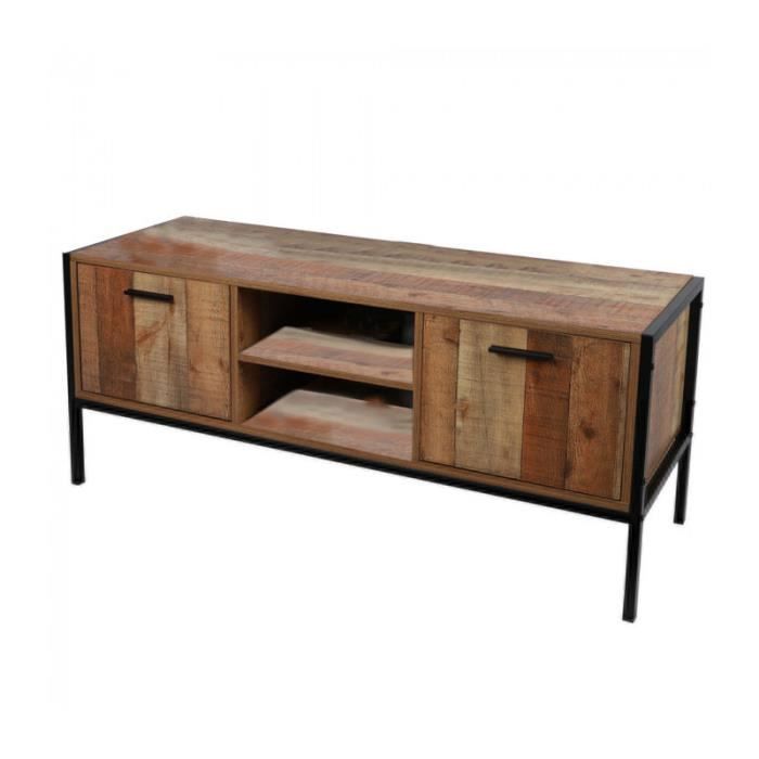 meubles tv - meuble tv en bois et métal avec 2 portes et 2 niches de rangement "riverside" - marron/noir - l 124 x p 40 x h 49 cm