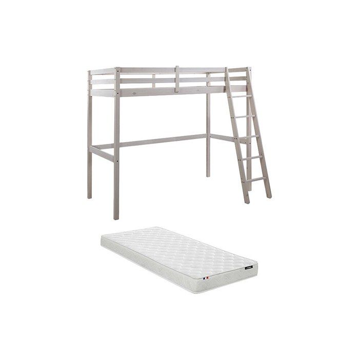 Lit mezzanine - 90 x 190 cm - Pin massif - Blanchi + matelas - GEDEON II