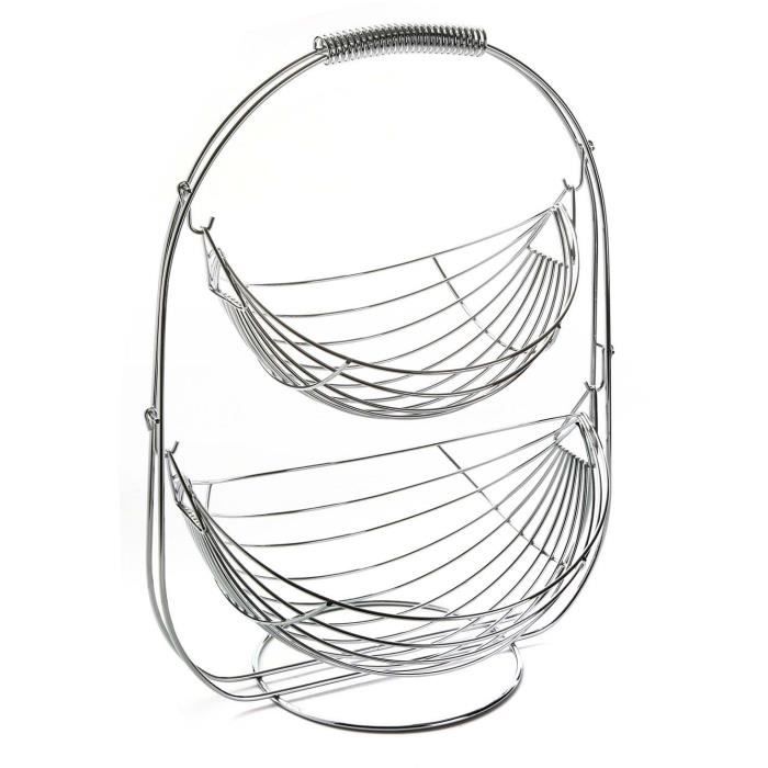 Corbeille à Fruits 2 étages En Métal Avec Poignée Bois - Design Aéré - Pour Cuisine Ou Bureau - Noir