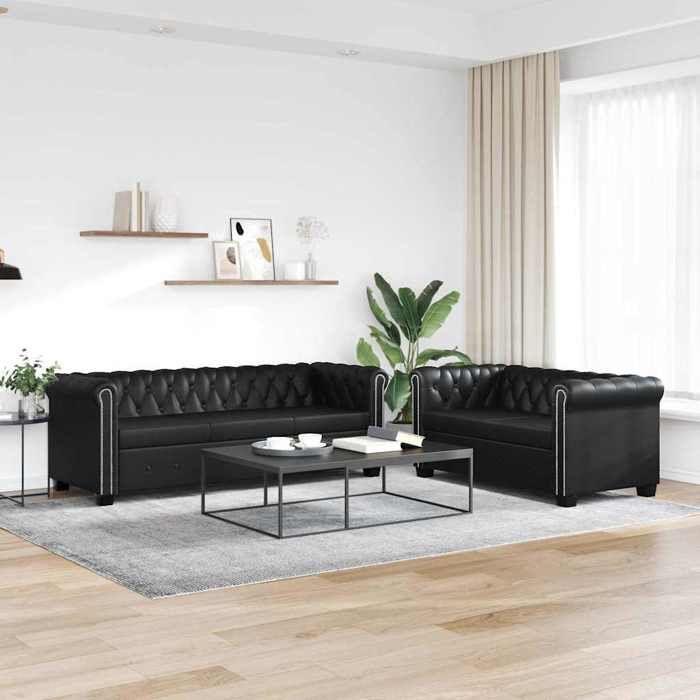Canapé Chesterfield 2 et 3 places en cuir synthétique noir - VIDAXL - Fixe - Moelleux - Accoudoirs - 146x77cm