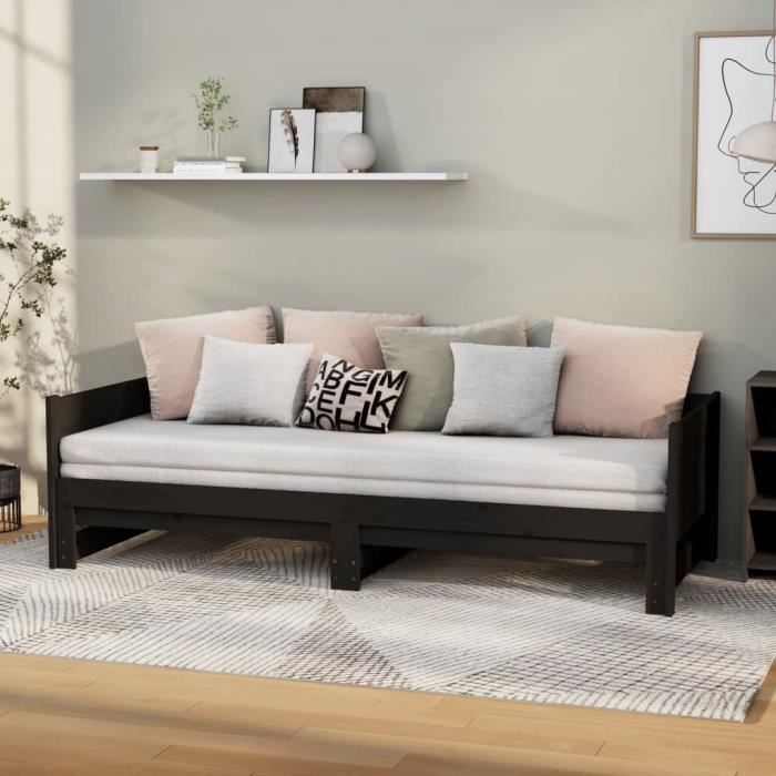 vidaXL Lit coulissant Noir Bois de pin solide 2x(90x200) cm 820256