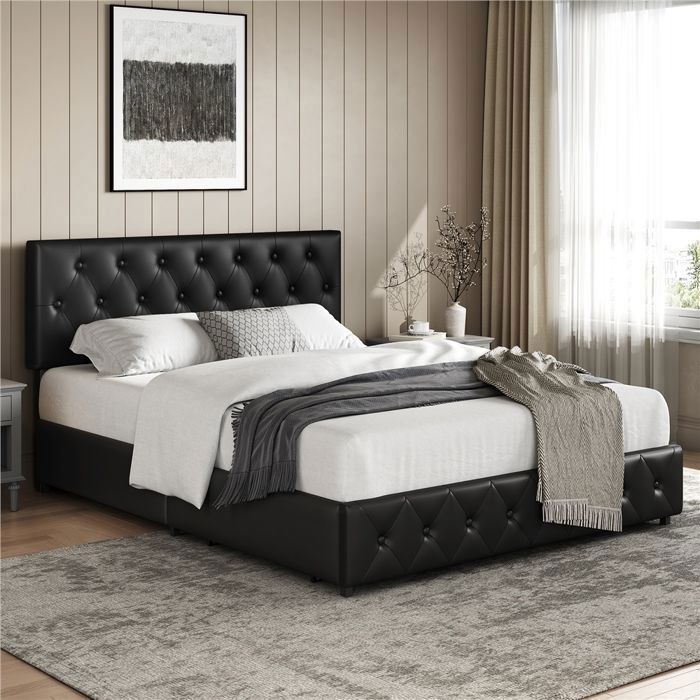 Cadre de Lit 160x200 cm Tête Capitonnée Réglable Tiroirs Sommier à Lattes Pieds Métal Design Classique Double Noir YAHEETECH Cadre de Lit 160x200 cm Tête Capitonnée Réglable Tiroirs Sommier à Lattes Pieds Métal Design Classique Double Noir YAHEETECH