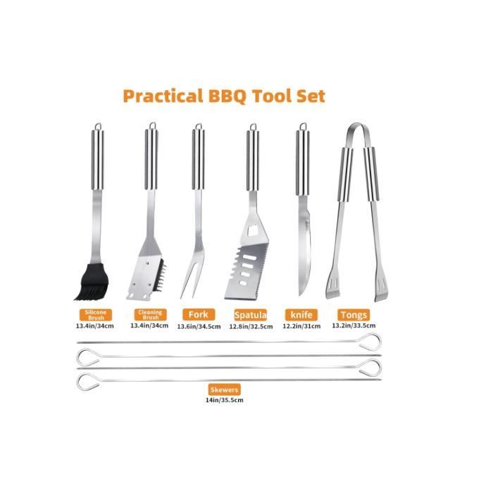 Set Barbecue 11 Pièces Acier Inoxydable - Spatule, Pince, Brosse Et Brochettes - Avec Sac De Transport