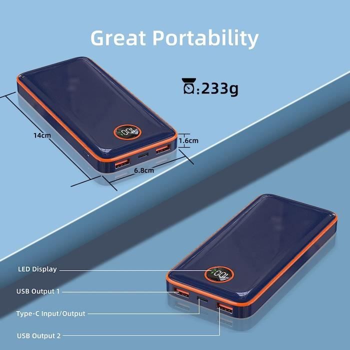 Power Bank Charge Rapide 22,5W 4.5A, Slim 10000mAh Batterie Externe, Legere Powerbank USB C / Compatible Avec IPhone - Android - Accessoires Téléphone & Objets Connectés