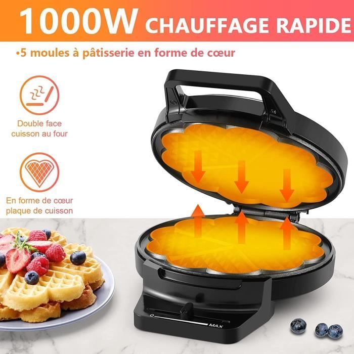 Gaufrier Cœur Tefal WM310D - 1000W - Plaques Antiadhésives - Thermostat Réglable - Noir