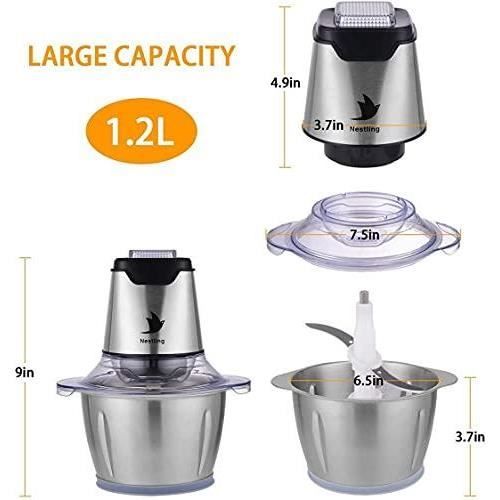 Hachoir Électrique 600W Nestling - 2L Bol Inox - 4 Lames - Pour Légumes, Viande, Noix