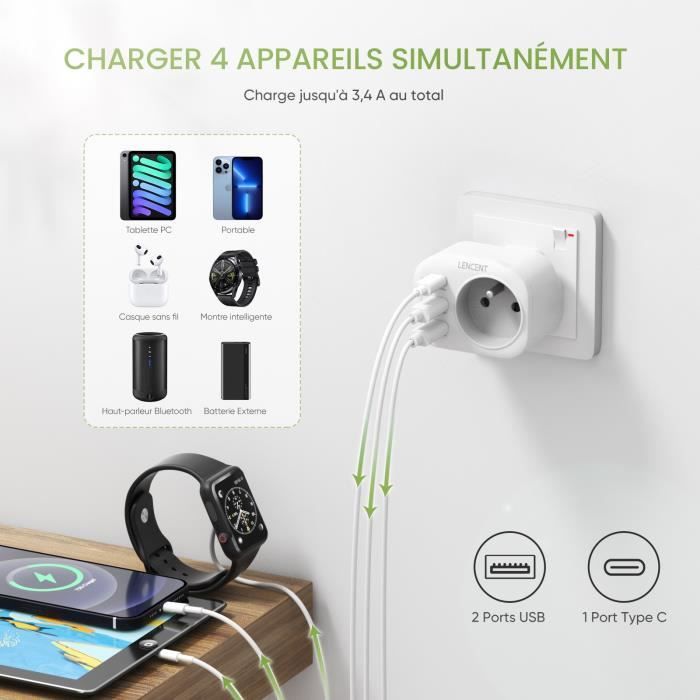 Adaptateur Voyage Universel LENCENT - Prise UK US EU AUS Avec 2 Ports USB