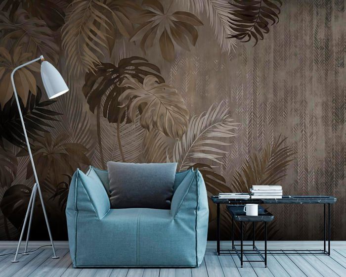 Papier Peint Panoramique Elégant 350x256 cm Feuillage tropical dans le ...