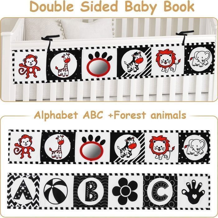 Livre Noir et Blanc Bébé,Livres en Tissu sensoriel Noir et Blanc à Fort Contraste,Livre en Tissu Doux Double Facen Jouets sensoriels pour bébés pour
