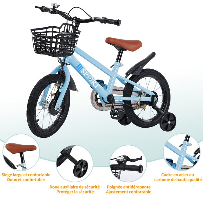 Vélo Enfant 14 Pouces Avec Roues Stabilisatrices Réglable En Hauteur - Idéal Pour Les Enfants De 3 à 6 Ans (garçons Et Filles), Avec Panier Et Protection De Chaîne