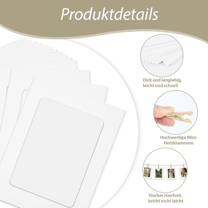 Guirlande Photo Murale DIY - 40 Cadres Carton 10x15cm + 40 Pinces Bois + 4 Cordes Jute - Pour Décoration Maison, Mariage, Anniversaire