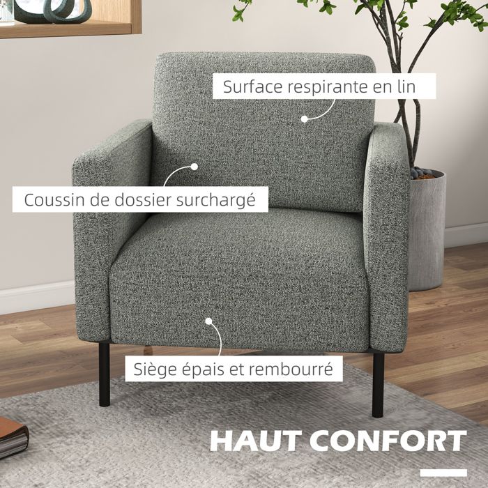 Fauteuil De Salon En Tissu Aspect Lin – Accoudoirs Incurvés – Dimensions 65 X 79 X 98 Cm – Charge Max 120 Kg – Gris