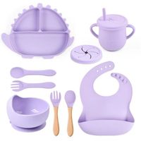 Assiette Ventouse pour Bébé, 8 Pièces Set Vaisselle Silicone Bebe Avec Aspiration,Cuillère et Fourchette, Gobelet et Bavoir Violet
