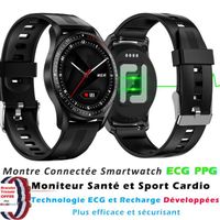 Montre Connectée Homme Femme avec Appel Bluetooth Micro ECG Cardiofréquencemètre Thermomètre Boîtier Alliage Rond Bracelet Silicone