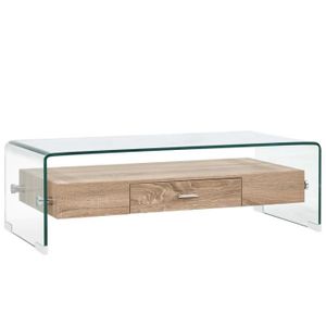 TABLE BASSE Table basse en verre trempé - VBESTLIFE - Clair et chêne - Avec étagère et tiroir