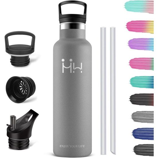 HoneyHolly Gourde Isotherme 500ml INOX Avec Paille - Bouteille Eau Réutilisable Anti-Fuite