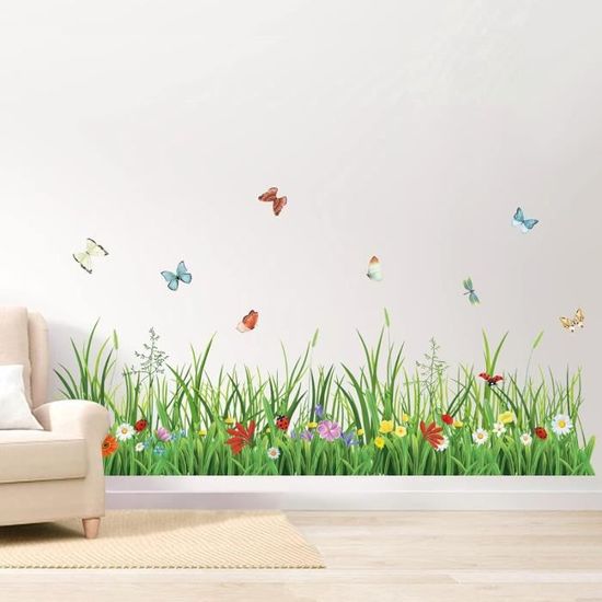 wondever Stickers Muraux Herbe Verte Coin Plinthe Autocollant Muraux Mural Stickers Fleurs Plantes Papillon Baseboard pour Chambre Fille Salon
