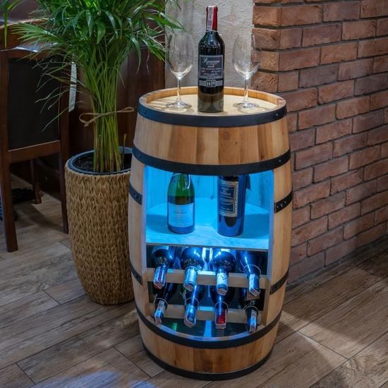 Fût en bois avec support à vin et éclairage LED - Armoire à bar