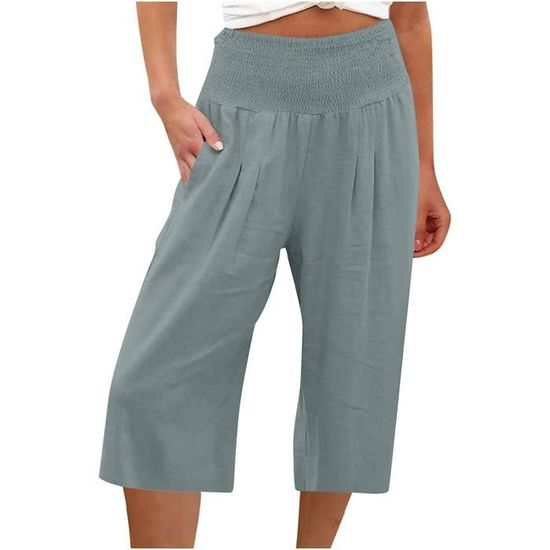 Pantalon Court Femme Été Pantacourt Fluide Jambe en Coton et Lin Pantalon de Jogging léger pour Femme Pantalon de Longueur 3/4 -  C