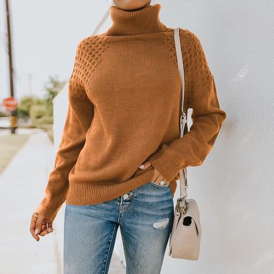 Pull Femme Slim Tendance Décontracté Doux Et Chaud - Col Montant Manches Longues Pullovers Automne Hiver