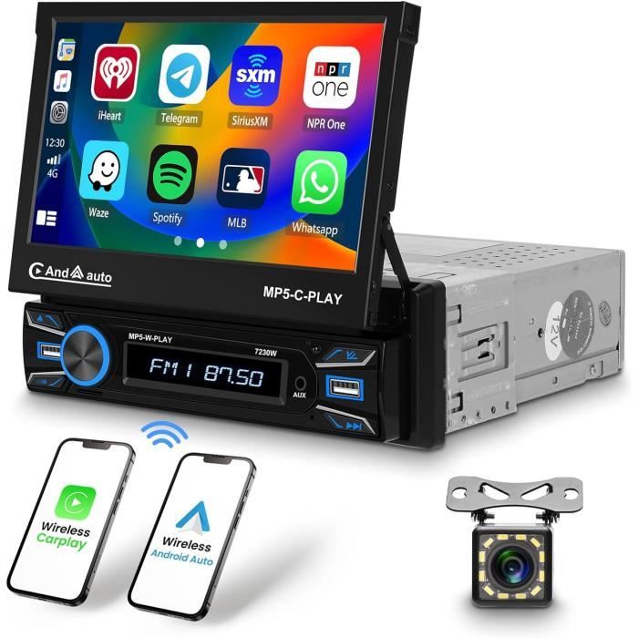 Autoradio Bluetooth 1 DIN 7 Pouces Avec Carplay & Android Auto - Écran Tactile, Caméra Recul, FM, Mirror Link