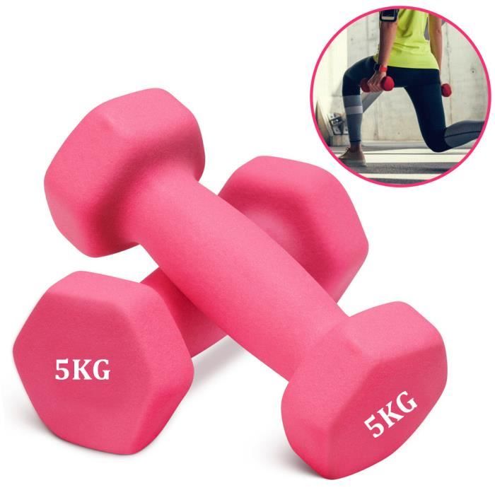 Ensemble d'haltères roses 5kg de 2 poids Haltères Ensemble d'haltères en vinyle Fitness Haltère aérobie
