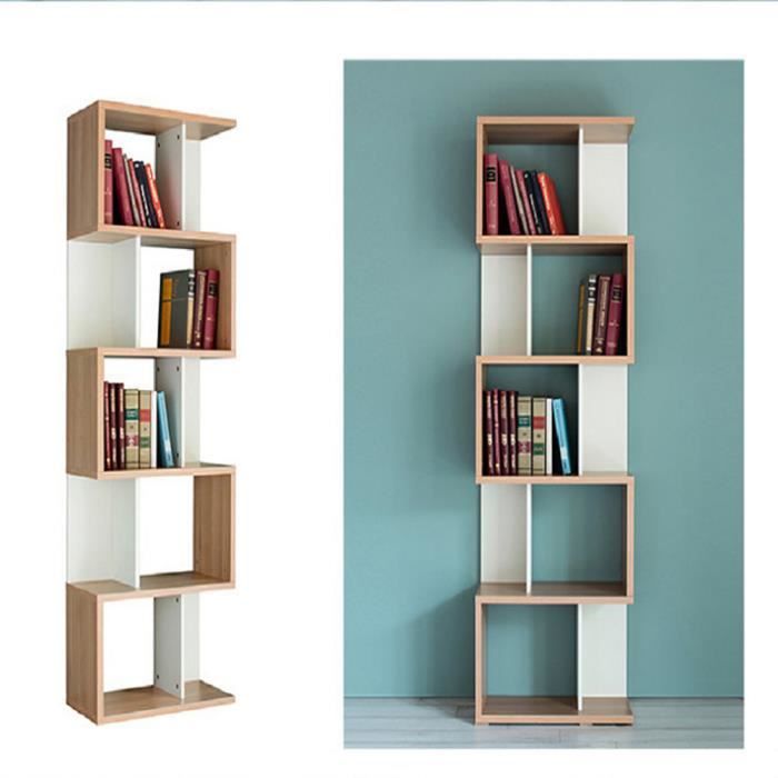 HAMP Bibliothèque étagère en Forme S Meuble de Rangement, Design Contemporain 5 étagères coloris chêne blanc, pour Bureau/Salon