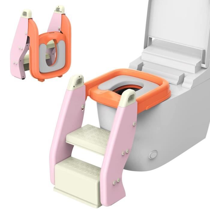 Siège de Toilette Pliable pour Enfants, 2 en 1 Réducteur de WC Bébé, Entraîneur Toilette avec Grande Marche Antidérapage, Rose