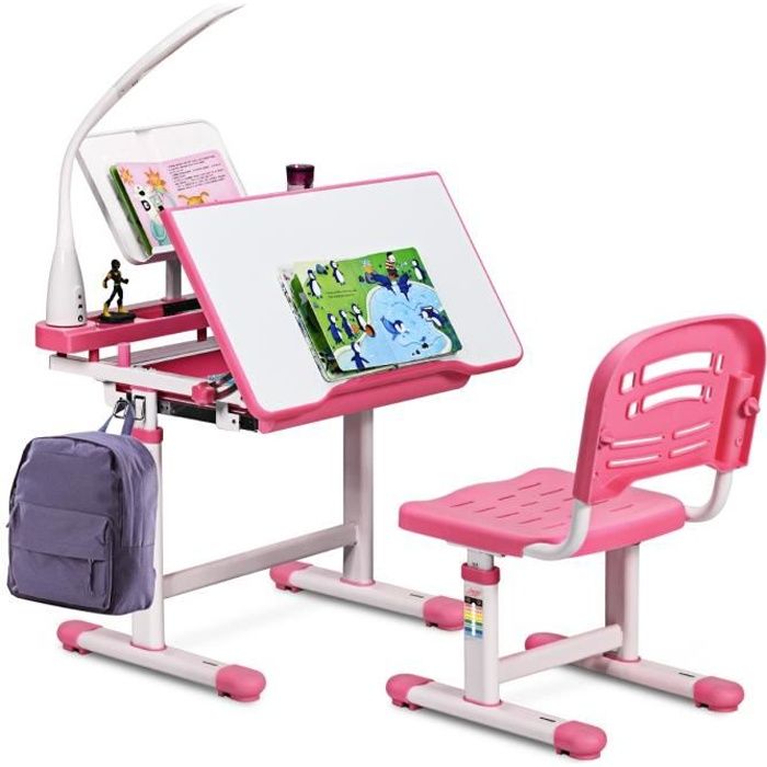 COSTWAY Ensemble Bureau et Chaise avec Lampe Enfants Inclinable 0-40° Hateur Réglable et Table à Dessin avec 1 Tiroir Rose