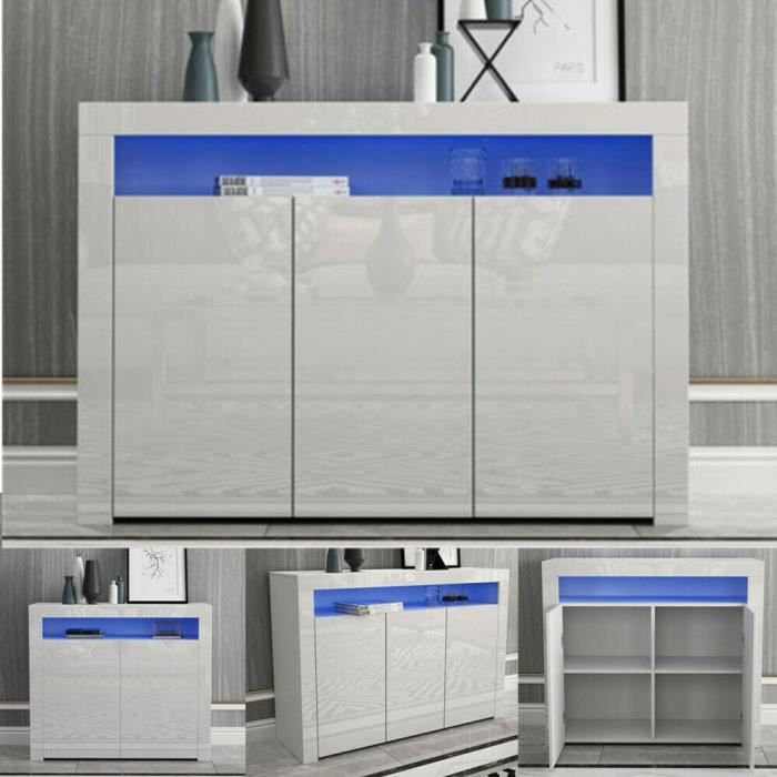 BETTY Buffet bas LED contemporain blanc laqué en bois avec 3 portes — H130CM