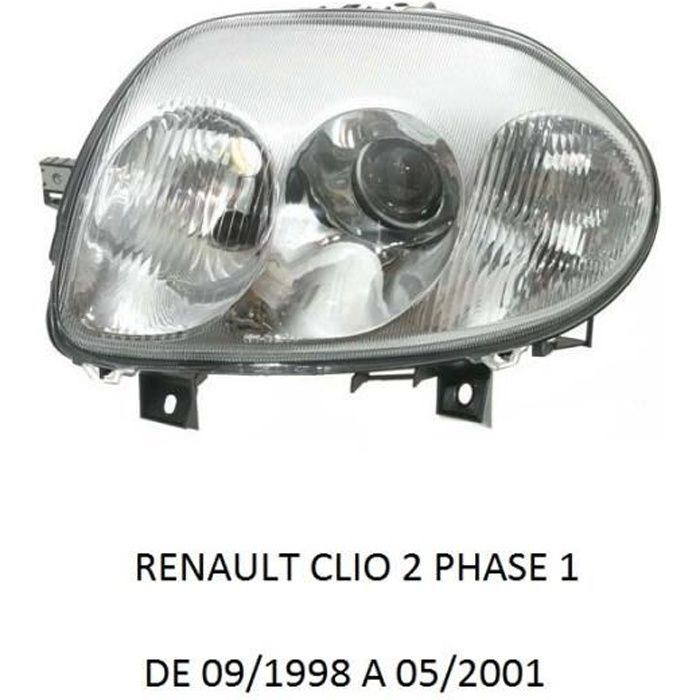 COTE GAUCHE CONDUCTEUR FEUX PHARE AVANT DOUBLE OPTIQUE RENAULT CLIO 2 PHASE 1 DE 5/98 A 05/01