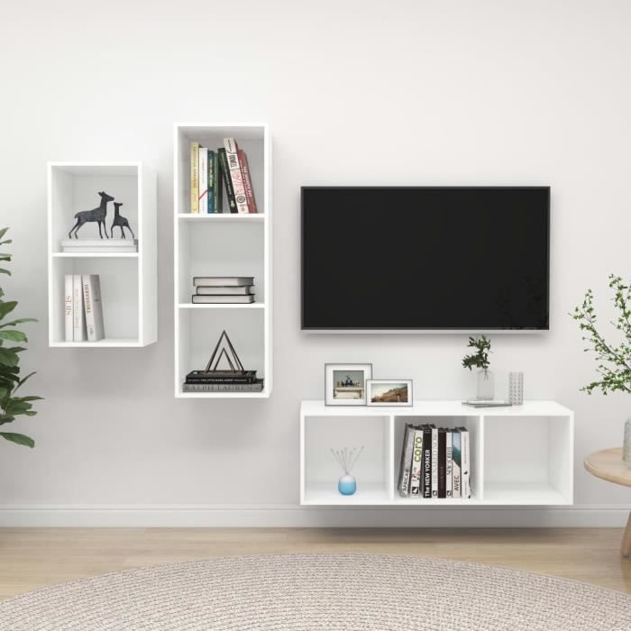 Unique MEUBLE TV MURAL COMPLET Ensemble de meuble TV 3 pcs Ensemble de meuble TV suspendu Blanc Aggloméré 3231