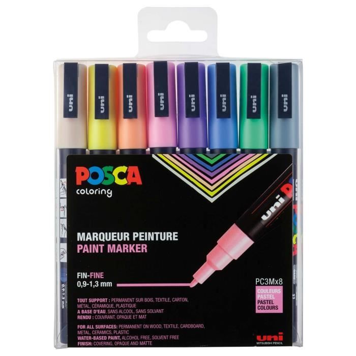 UNI-Ball 186509 – Marqueur Uni Posca avec Pointe Ogive Fine, Lot de 8, Pastel