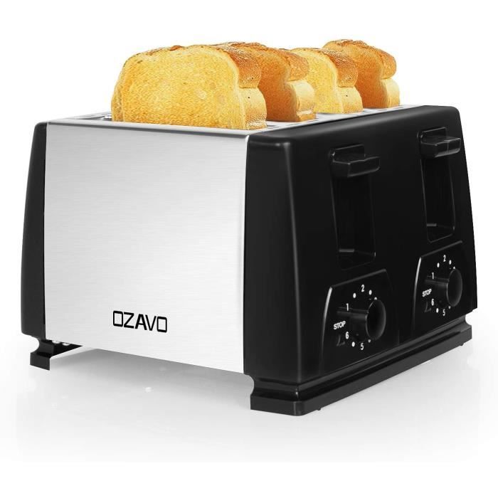 OZAVO Grille Pain Noir 4 Tranches Automatique 1300W Toaster Grille Pain Inox Professionnel 6 Niveaux Réglable 4 Fentes Plateau de Mi
