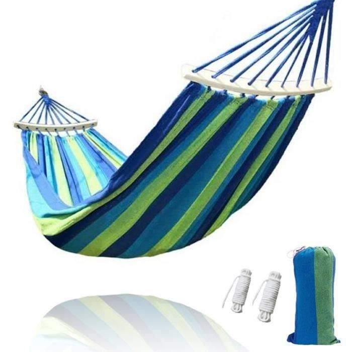 Toile Rayée Hamac, Double Hamac Confortable Loisir, pour Camping & Randonnée & Voyage & Plage - Bleu Bo22529