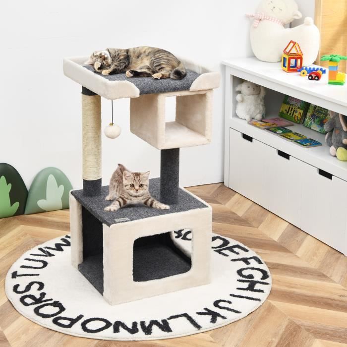 COSTWAY Arbre à Chat Perchoir Large 42x42x80cm avec Poteau en Sisal Balle en Peluche 2 Niches pour Jeux Repos des Chats Charge 15KG