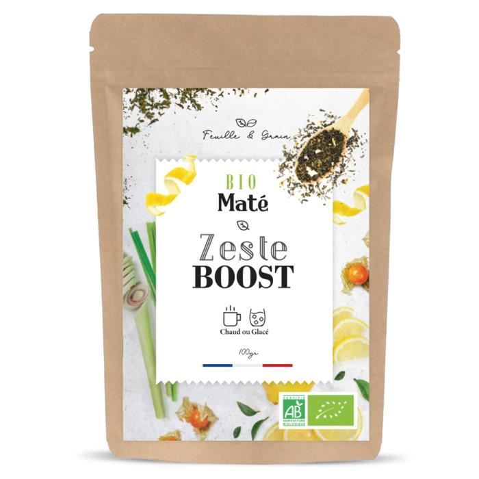 Zest Boost - Maté Vert Aromatisé Bio - Fruits Mélangés et Feuilles en Vrac - Plante Naturelle pour Infusion de qualité - Poids 100g