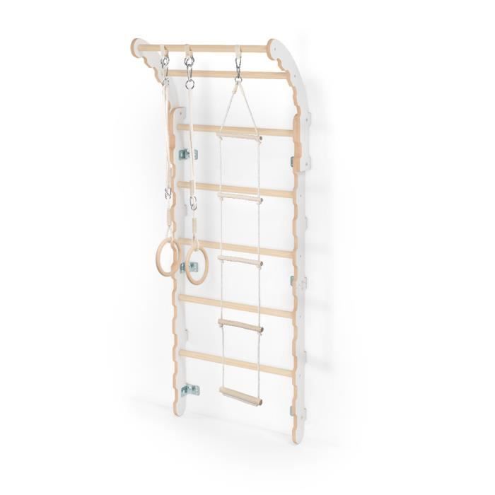 MAMOI Midi mur d’escalade pour chambre d'enfant (175 cm) Yarnwood + anneaux gymnastique + échelle de corde