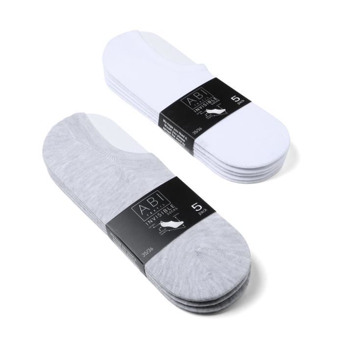 ABI - 10 Paires Chaussettes Basses Invisibles Blanc-Gris Homme Femme Coton Sans couture