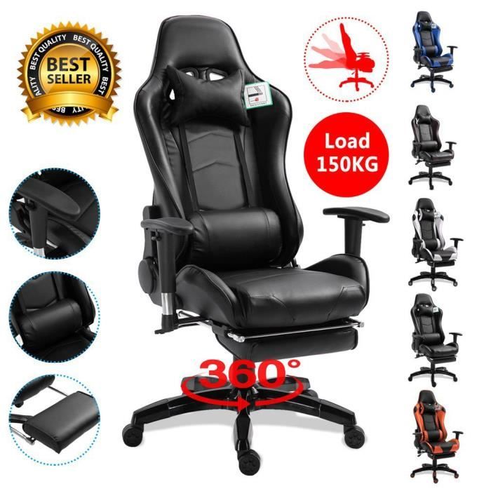 Nouvelle Chaise de Gamer avec Repose-Pieds de Course de Jeu avec Hauteur et Accoudoirs Réglables avec Coussin Lombaire de Massage