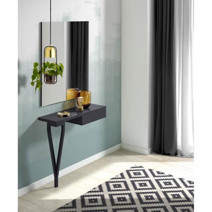 Ensemble console + Miroir en hêtre massif , coloris Noir de jais