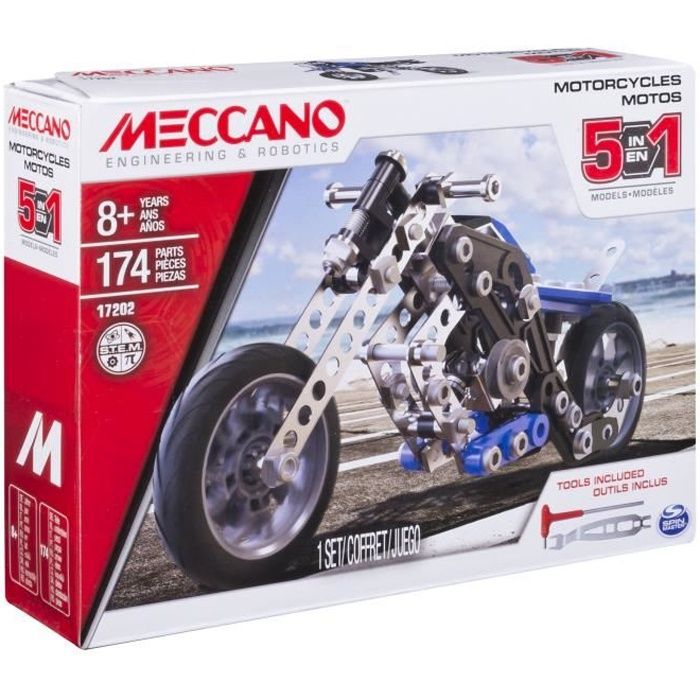 Spin Master Meccano 5 Model Set Motorcycle, Ensemble de monteur de véhicule, 8 année(s), 174 pièce(s), Noir, Bleu, Argent, Chine