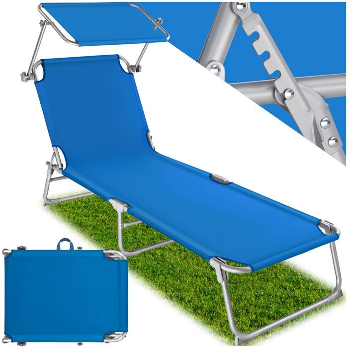 TECTAKE Transat Jardin de Bain Pliant Inclinable avec Pare Soleil en Acier 190 cm Bleu